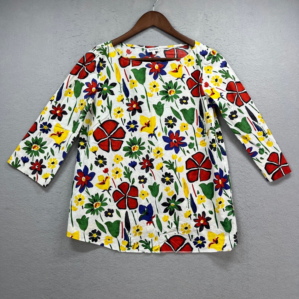 SUNO Floral Blouse Women 4 White Multi 3/4 Sleeve Cotton Art Print USA Boho Chic